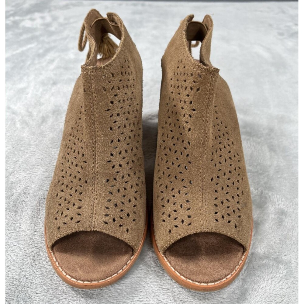 TOMS Elba Toffee Suede Peep Toe Mule Sandals Chuncky Block Heel Womens 6